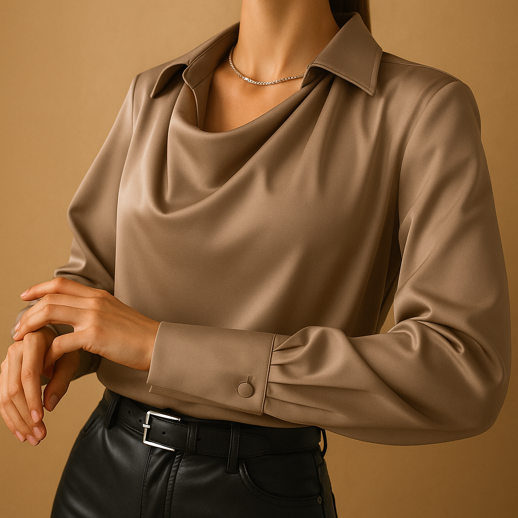 Elegant long-sleeved fitted blouse for women in breathable fabric, ideal for work, casual wear, and formal events.