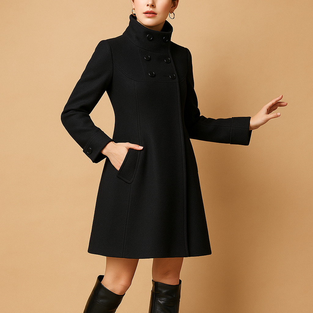 Elegant hooded winter coat for women with warm lining and tailored fit, ideal for formal looks and everyday winter wear.