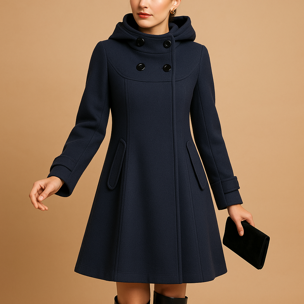 Elegant hooded winter coat for women with warm lining and tailored fit, ideal for formal looks and everyday winter wear.