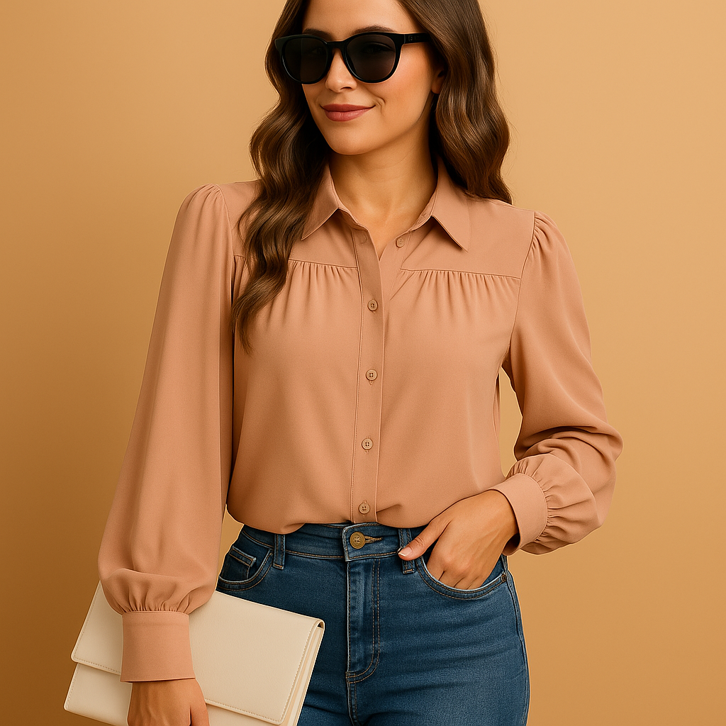 Elegant lantern sleeve blouse for women in solid colors with gathered sleeves, ideal for daily wear or work outfits.