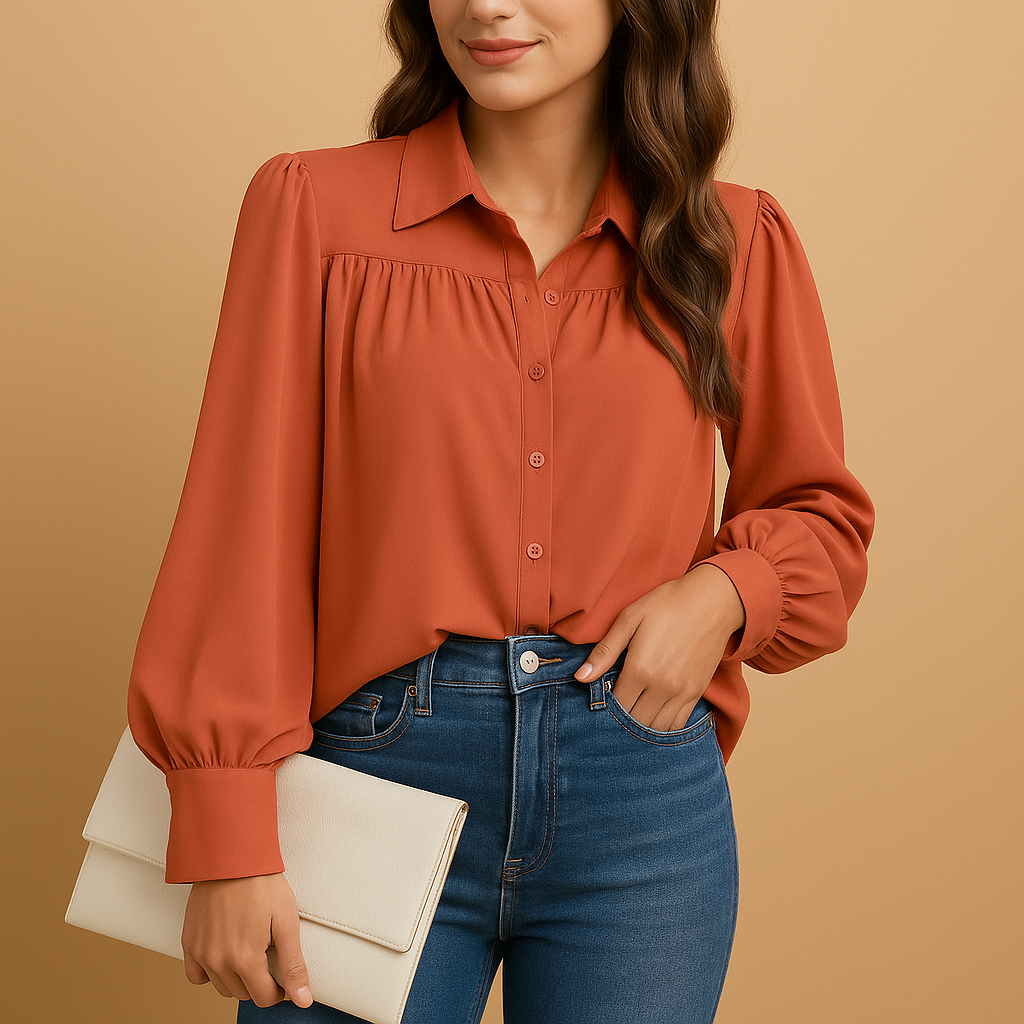 Elegant lantern sleeve blouse for women in solid colors with gathered sleeves, ideal for daily wear or work outfits.