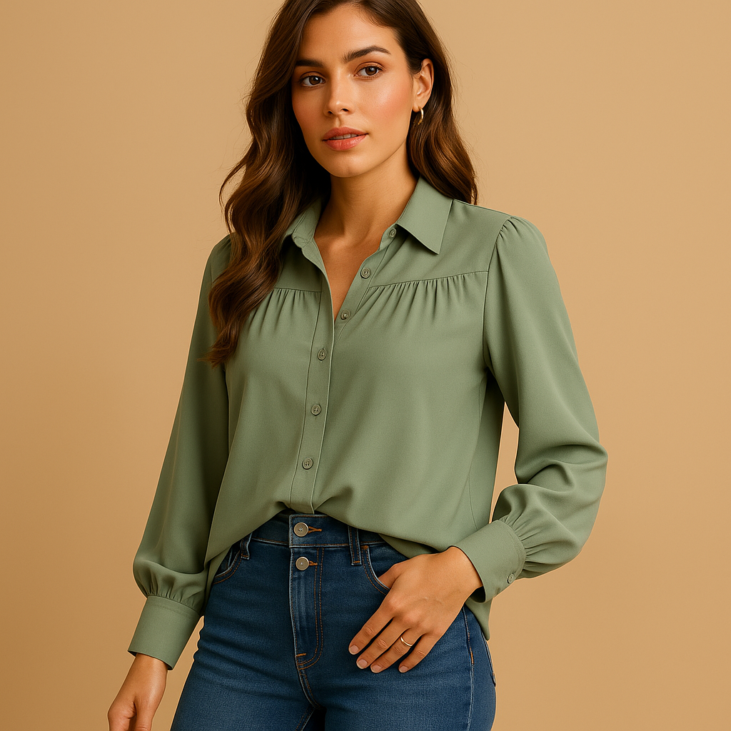 Elegant lantern sleeve blouse for women in solid colors with gathered sleeves, ideal for daily wear or work outfits.