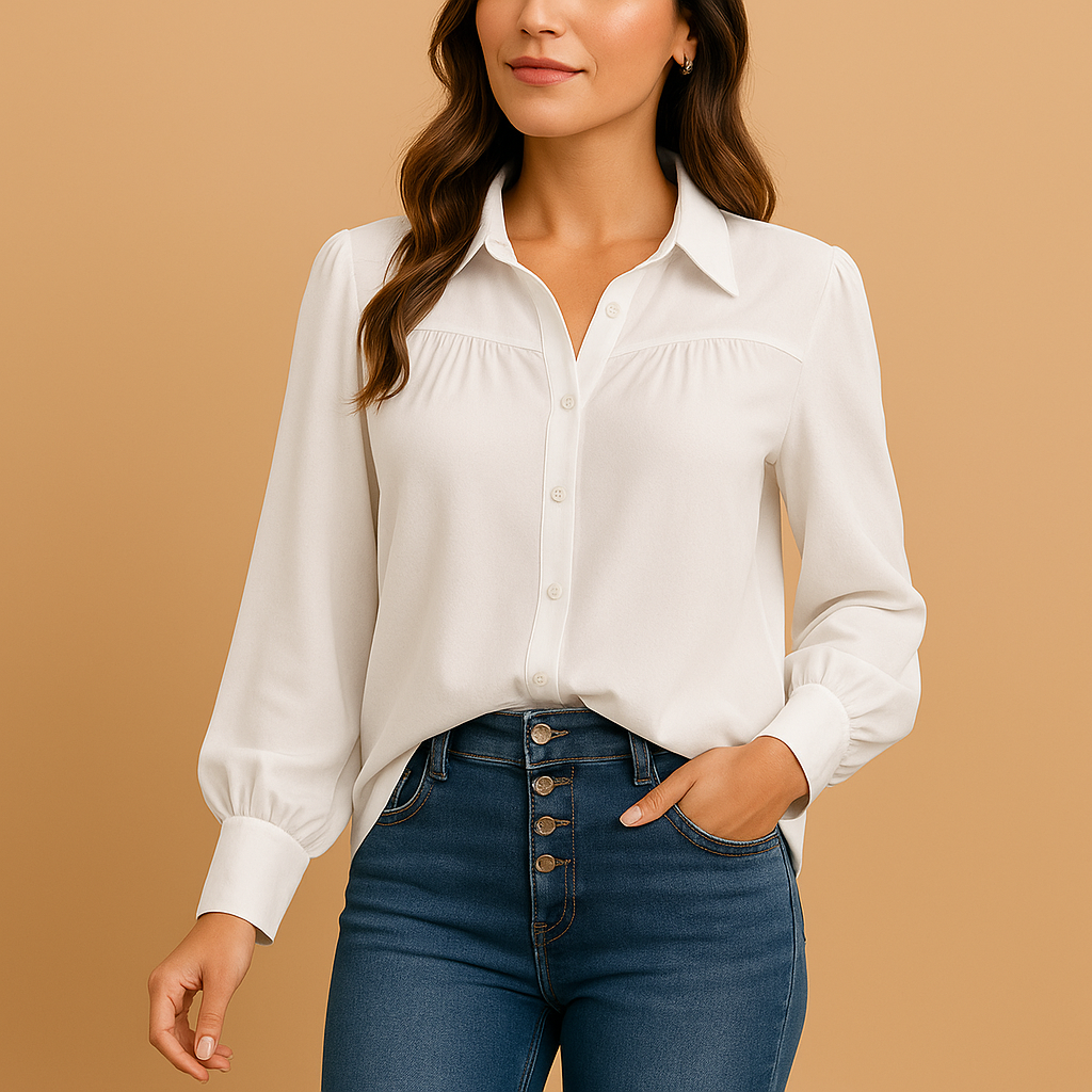 Elegant lantern sleeve blouse for women in solid colors with gathered sleeves, ideal for daily wear or work outfits.