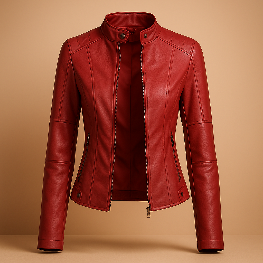 Elegant women’s PU leather jacket with zip and snap-button collar, perfect for transitional seasons like spring and autumn