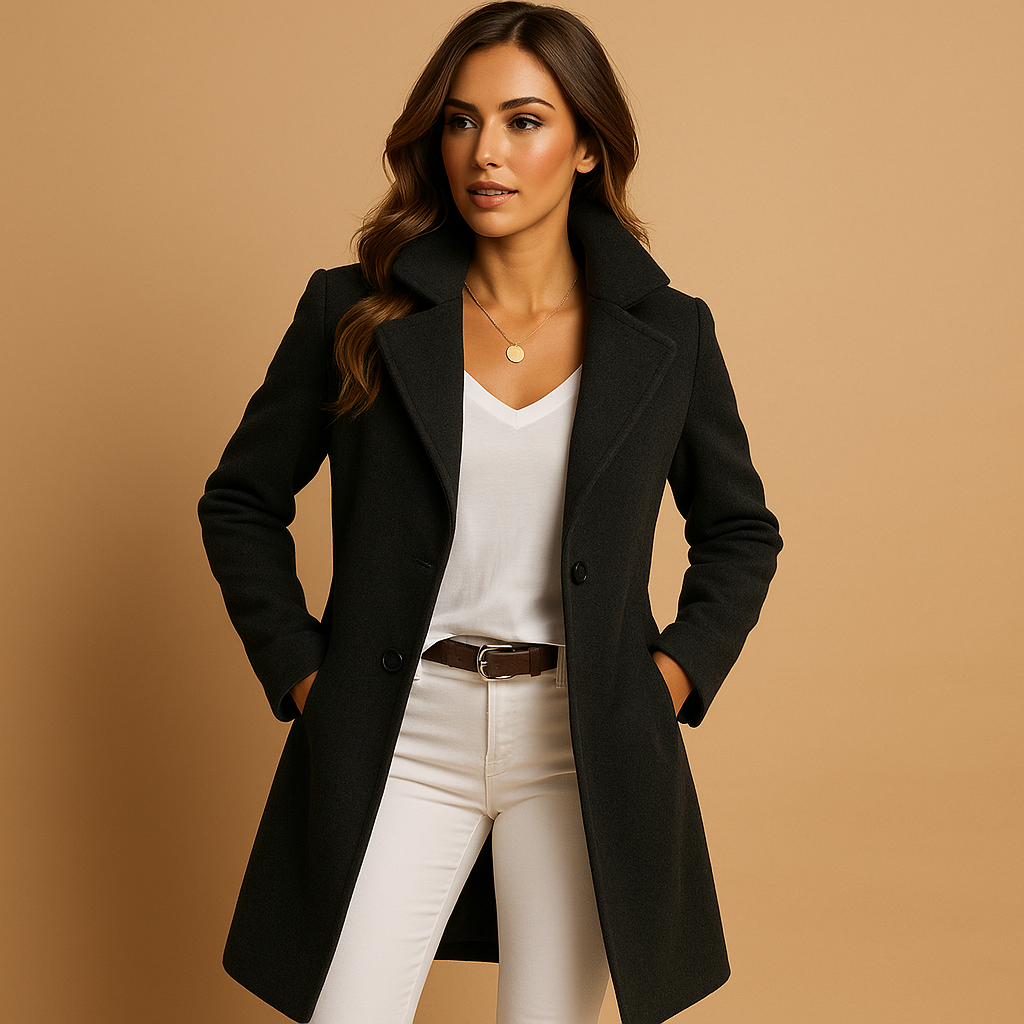 Women’s long coat with buttons and classic collar in grey, perfect for elegant seasonal layering and timeless fashion