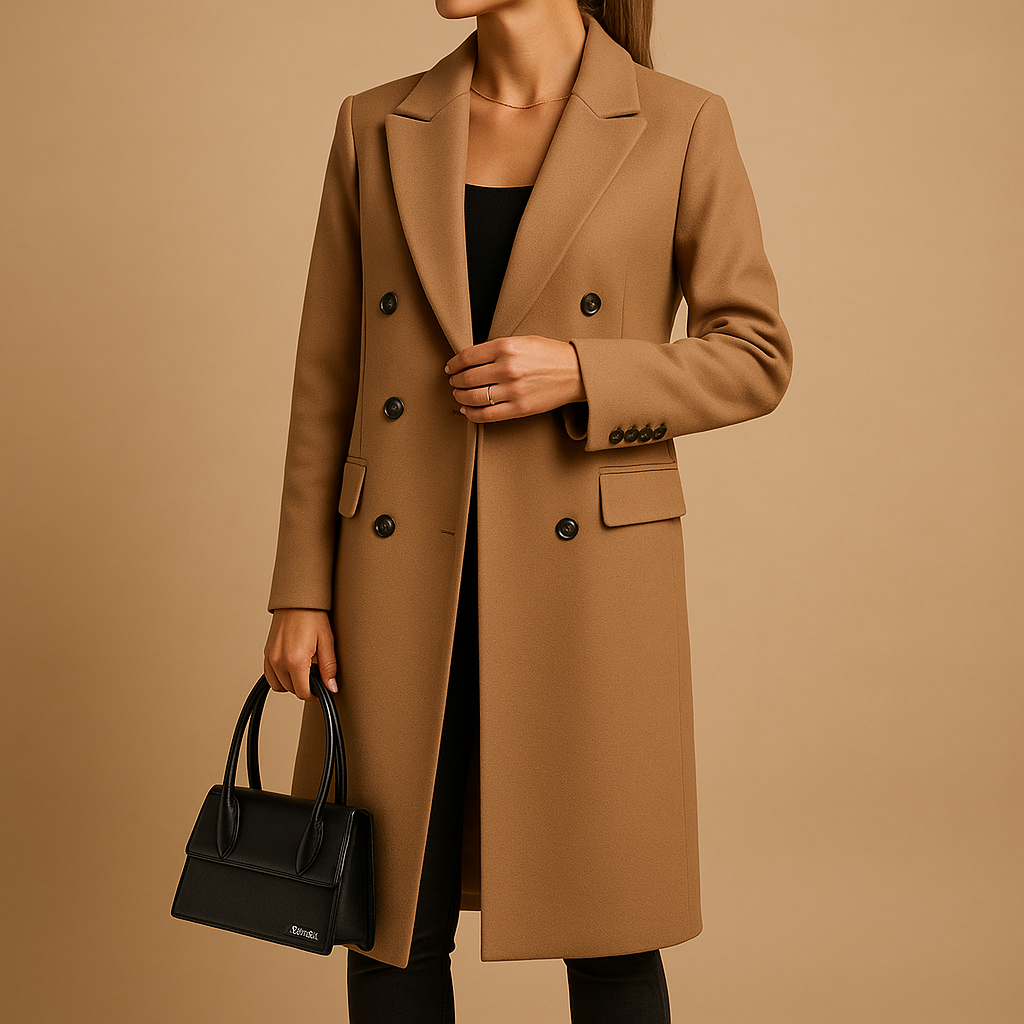 Elegant long waterproof winter jacket for women with adjustable hood, button closure, and warm inner lining for stylish protection in cold seasons.