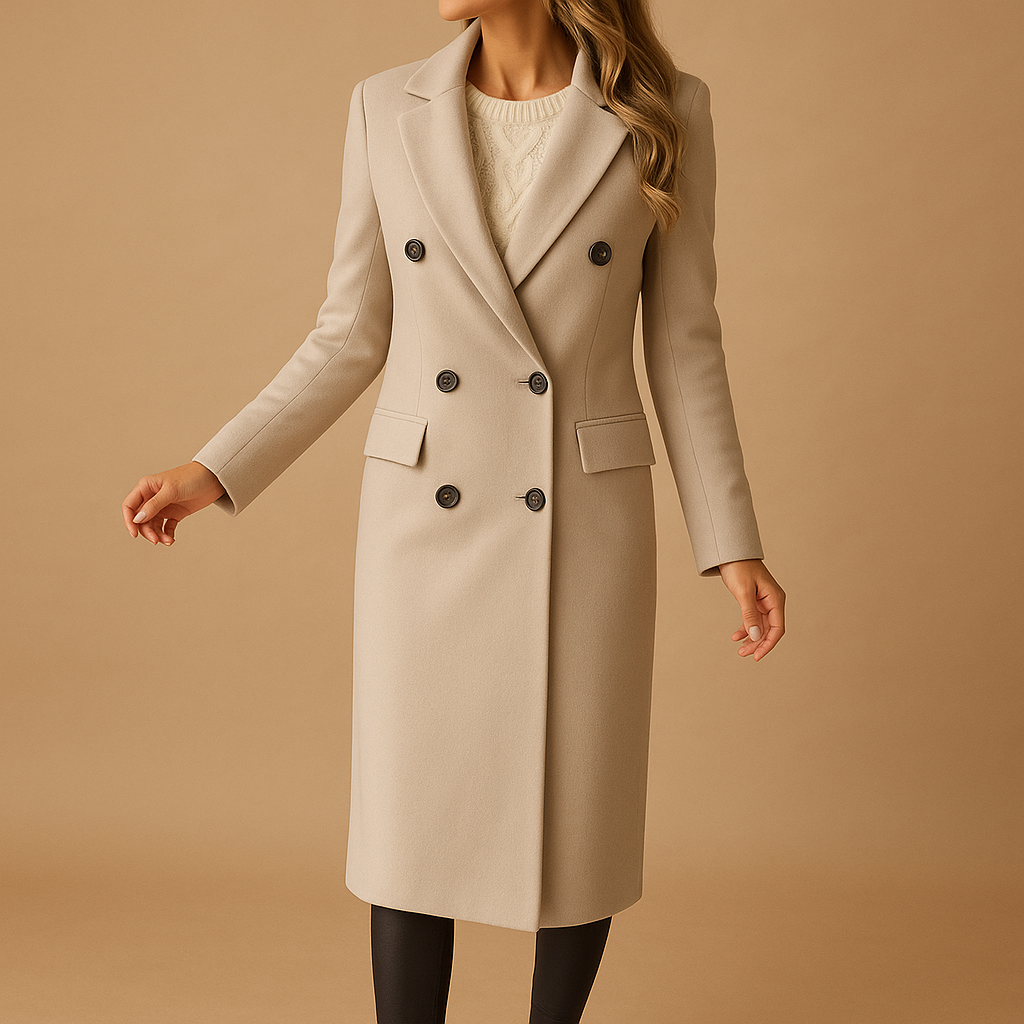 Elegant long waterproof winter jacket for women with adjustable hood, button closure, and warm inner lining for stylish protection in cold seasons.