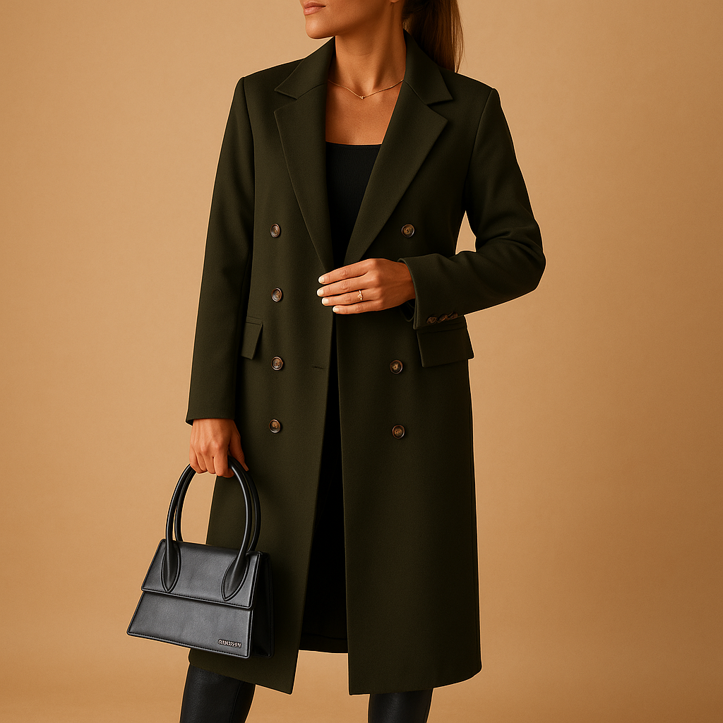 Elegant long waterproof winter jacket for women with adjustable hood, button closure, and warm inner lining for stylish protection in cold seasons.