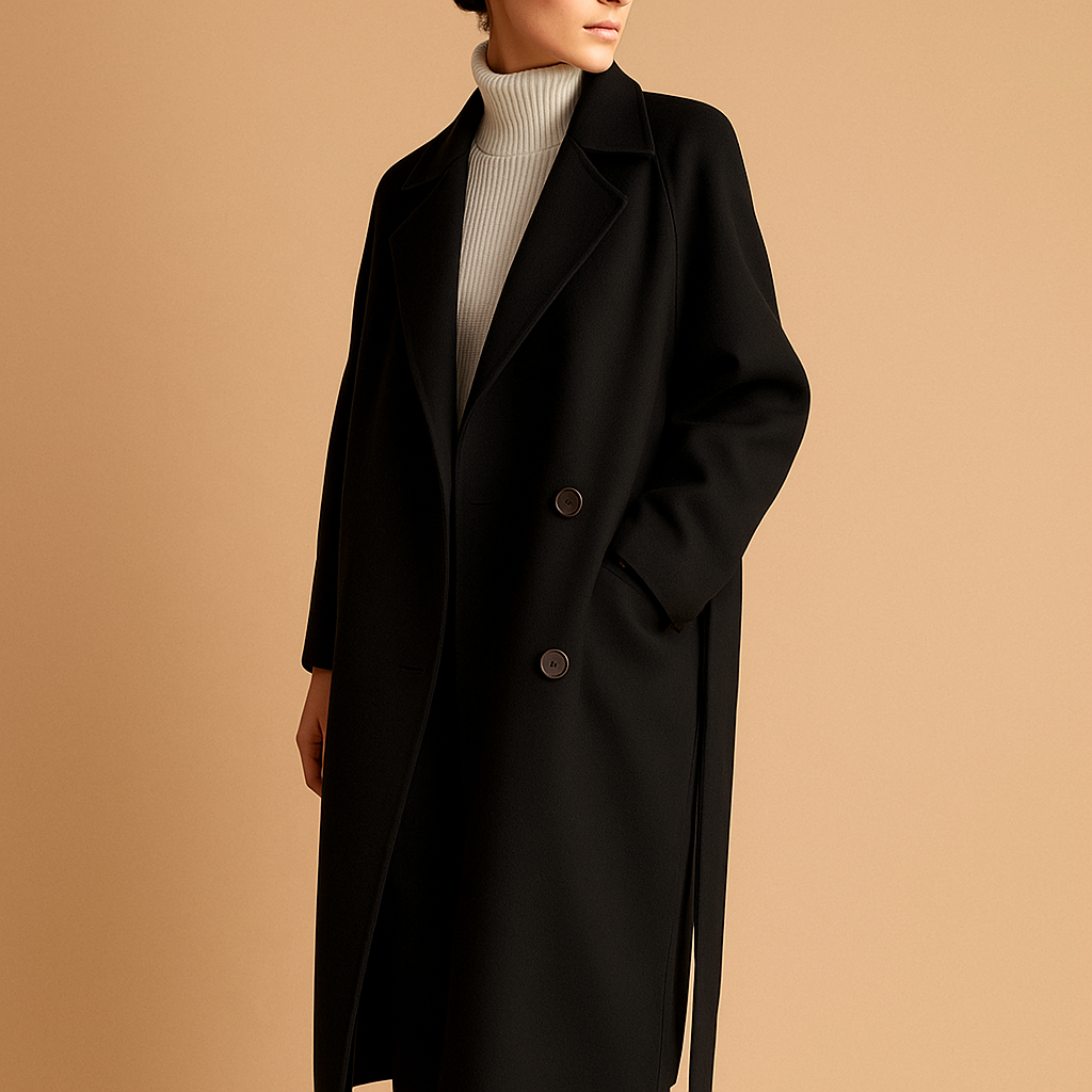 Women’s long elegant winter coat in a timeless cut, made from warm insulating fabric, perfect for cold-weather outfits.