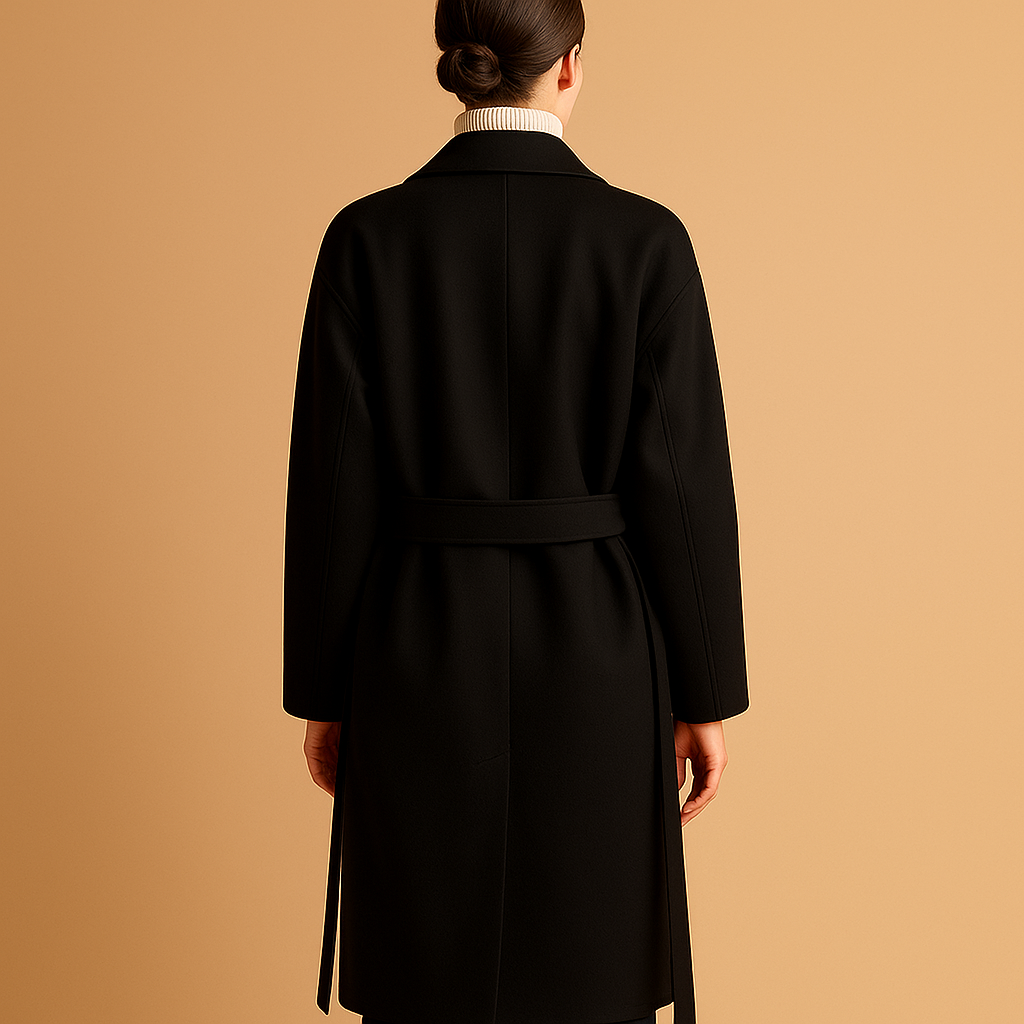 Women’s long elegant winter coat in a timeless cut, made from warm insulating fabric, perfect for cold-weather outfits.