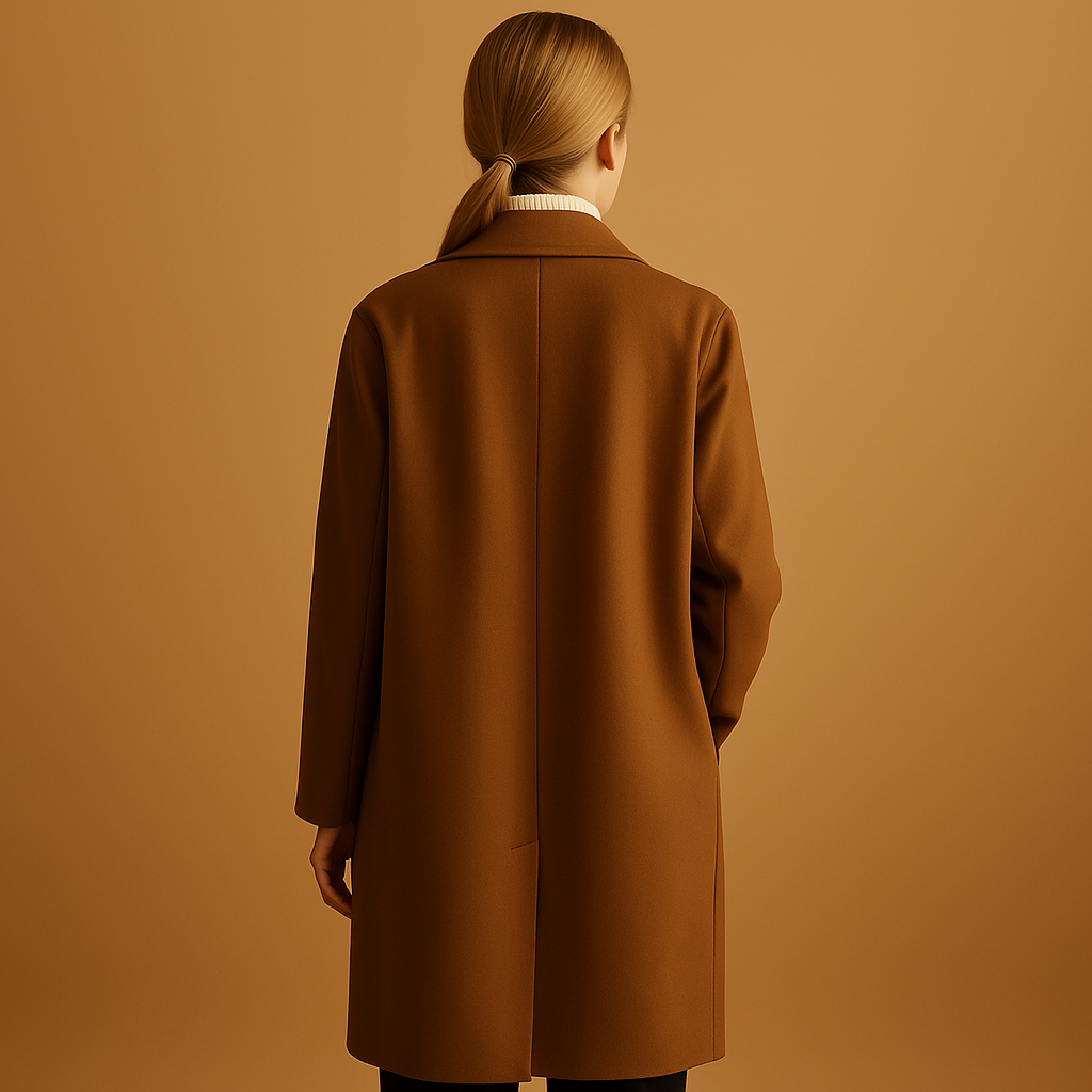 Women’s long elegant winter coat in a timeless cut, made from warm insulating fabric, perfect for cold-weather outfits.
