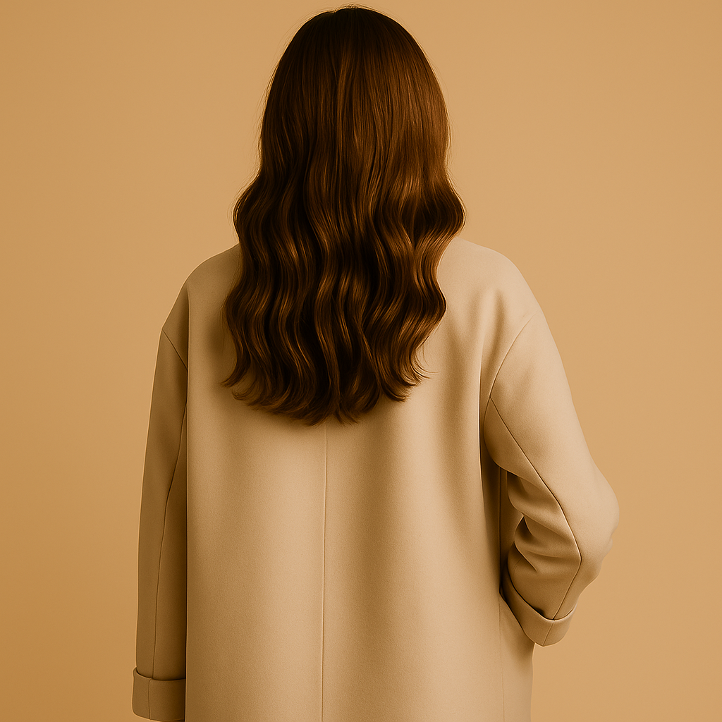 Women’s long elegant winter coat in a timeless cut, made from warm insulating fabric, perfect for cold-weather outfits.