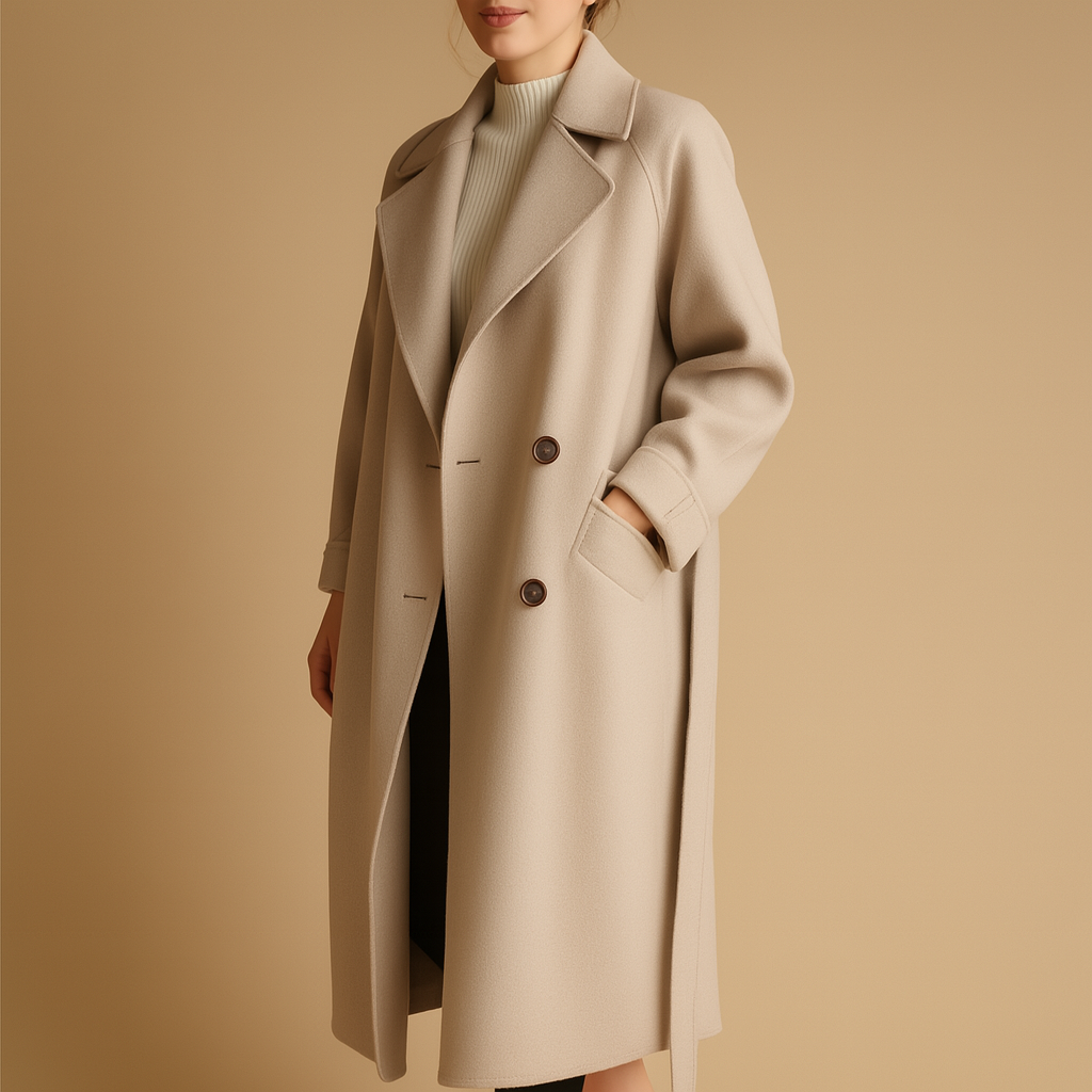 Women’s long elegant winter coat in a timeless cut, made from warm insulating fabric, perfect for cold-weather outfits.