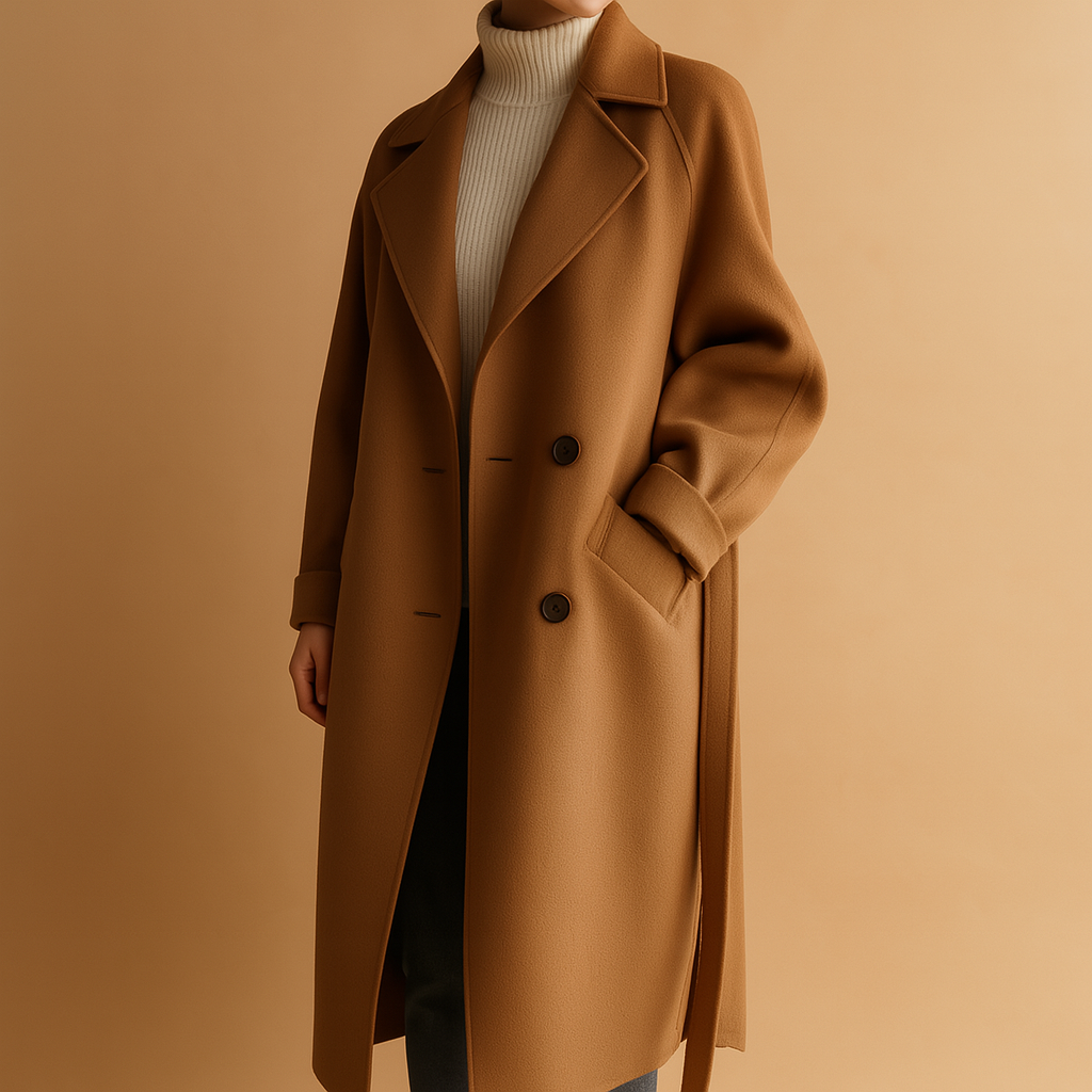 Women’s long elegant winter coat in a timeless cut, made from warm insulating fabric, perfect for cold-weather outfits.