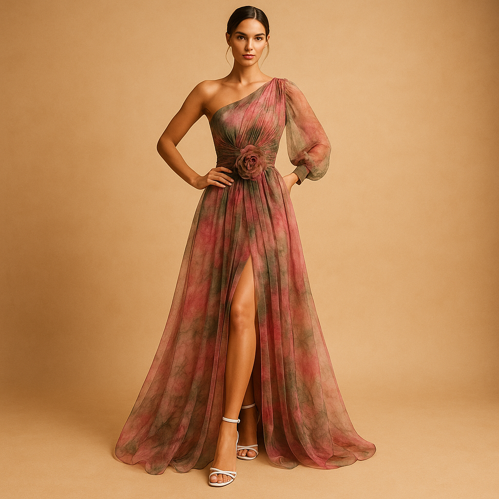 Elegant one-shoulder beach dress for women with side split, perfect for summer holidays and beach parties.