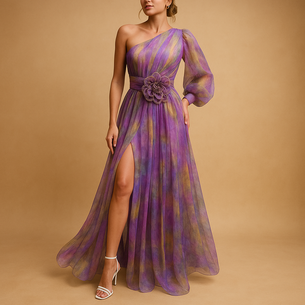 Elegant one-shoulder beach dress for women with side split, perfect for summer holidays and beach parties.