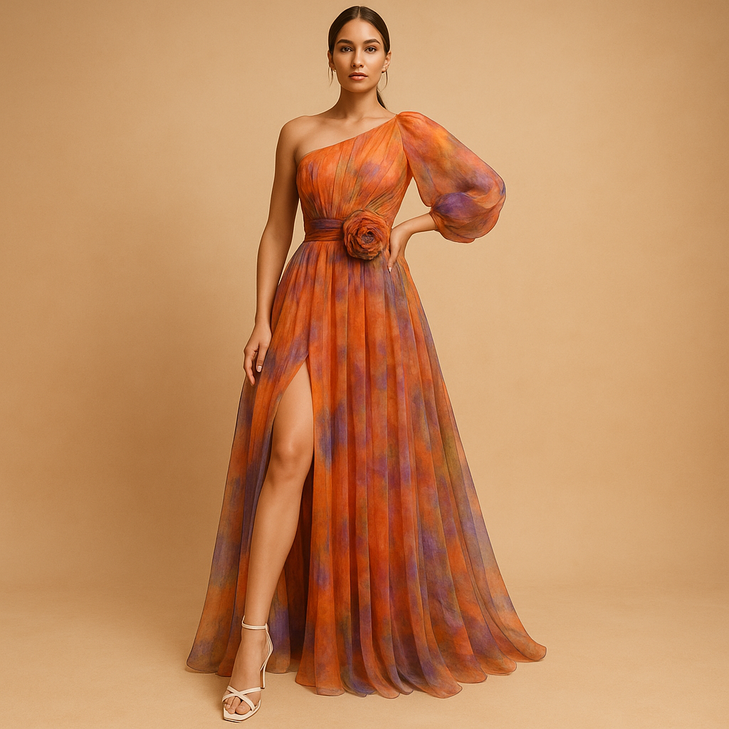Elegant one-shoulder beach dress for women with side split, perfect for summer holidays and beach parties.