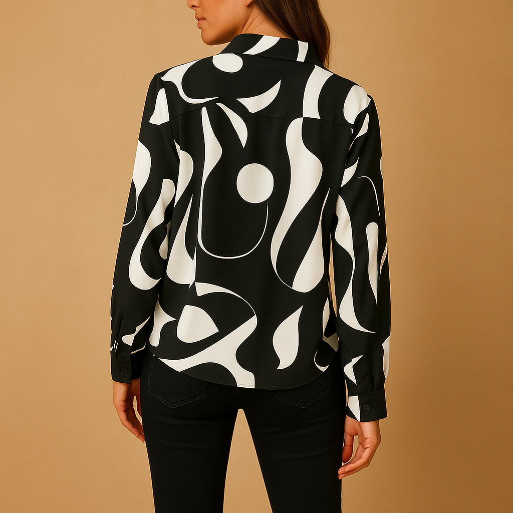 Elegant printed long sleeve blouse for women in apricot and black, with a smooth fit and refined design for casual or formal outfits.