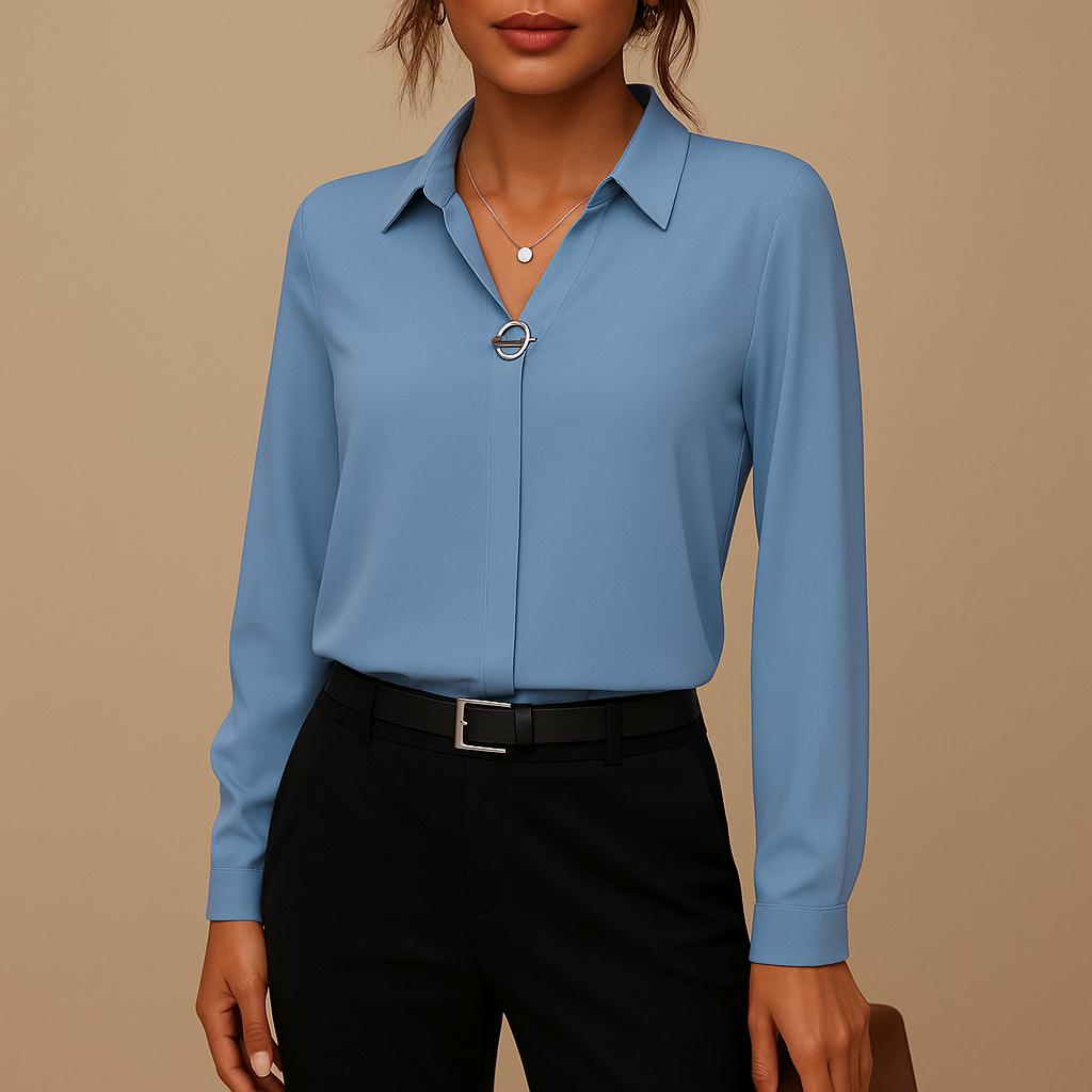 Elegant solid color blouse for women with tailored fit, classic collar, and button closure, perfect for work, casual days, and evenings out.