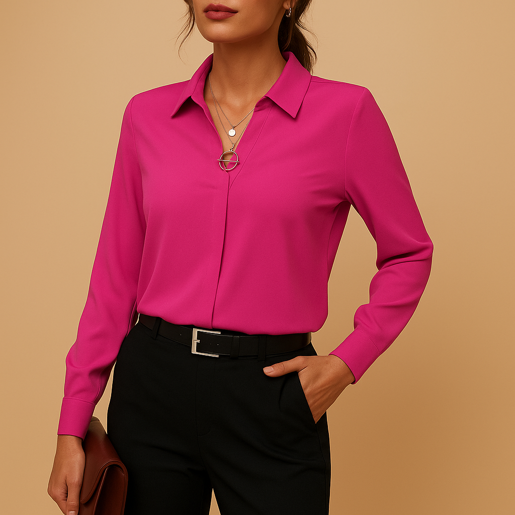 Elegant solid color blouse for women with tailored fit, classic collar, and button closure, perfect for work, casual days, and evenings out.