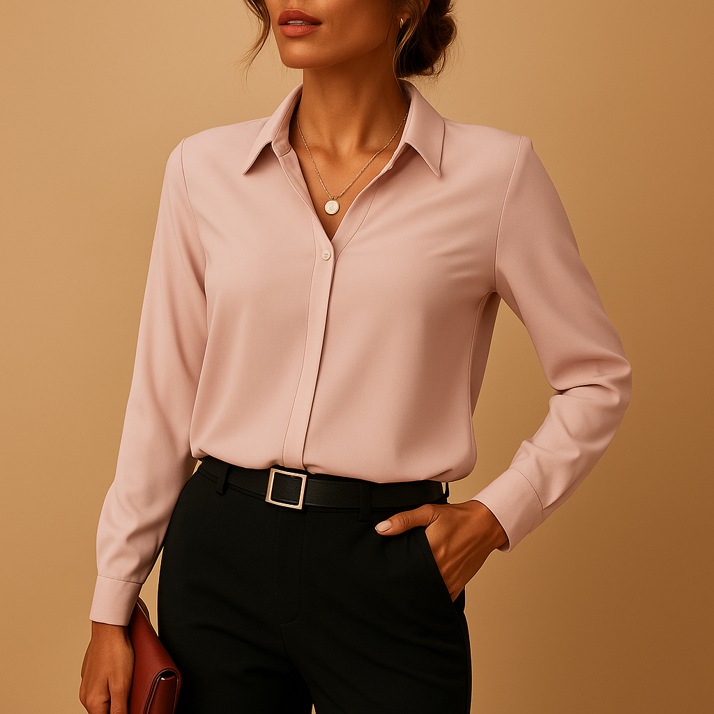 Elegant solid color blouse for women with tailored fit, classic collar, and button closure, perfect for work, casual days, and evenings out.