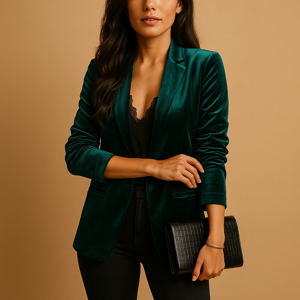 Elegant tailored blazer for women with classic silhouette and sleek finish, perfect for work, formal wear, or everyday chic.