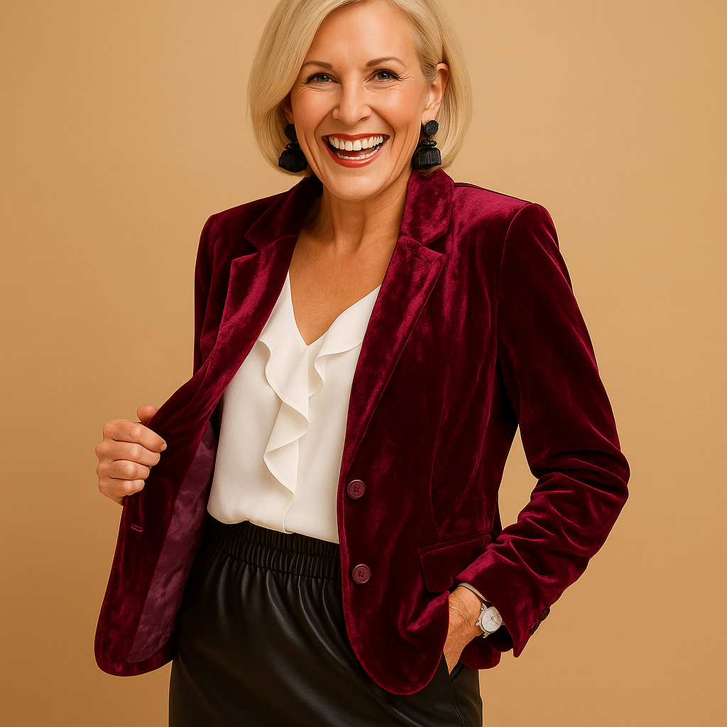 Elegant tailored blazer for women with classic silhouette and sleek finish, perfect for work, formal wear, or everyday chic.