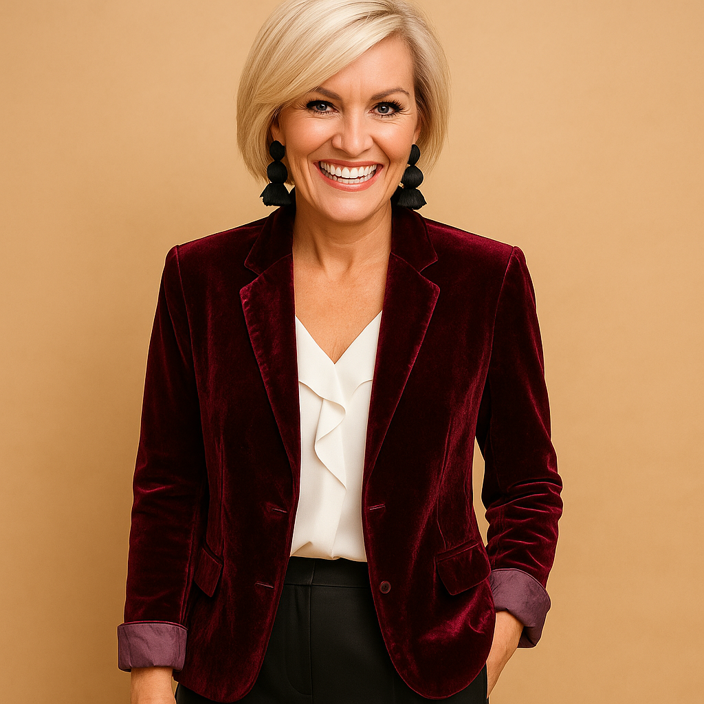 Elegant tailored blazer for women with classic silhouette and sleek finish, perfect for work, formal wear, or everyday chic.