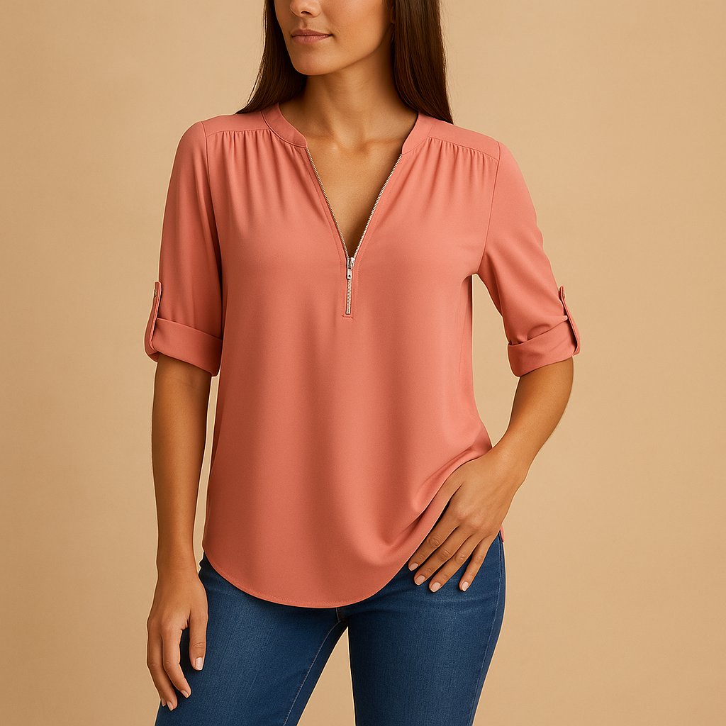 Elegant V-neck summer blouse for women with refined design, ideal for work, casual wear, and warm-weather elegance.