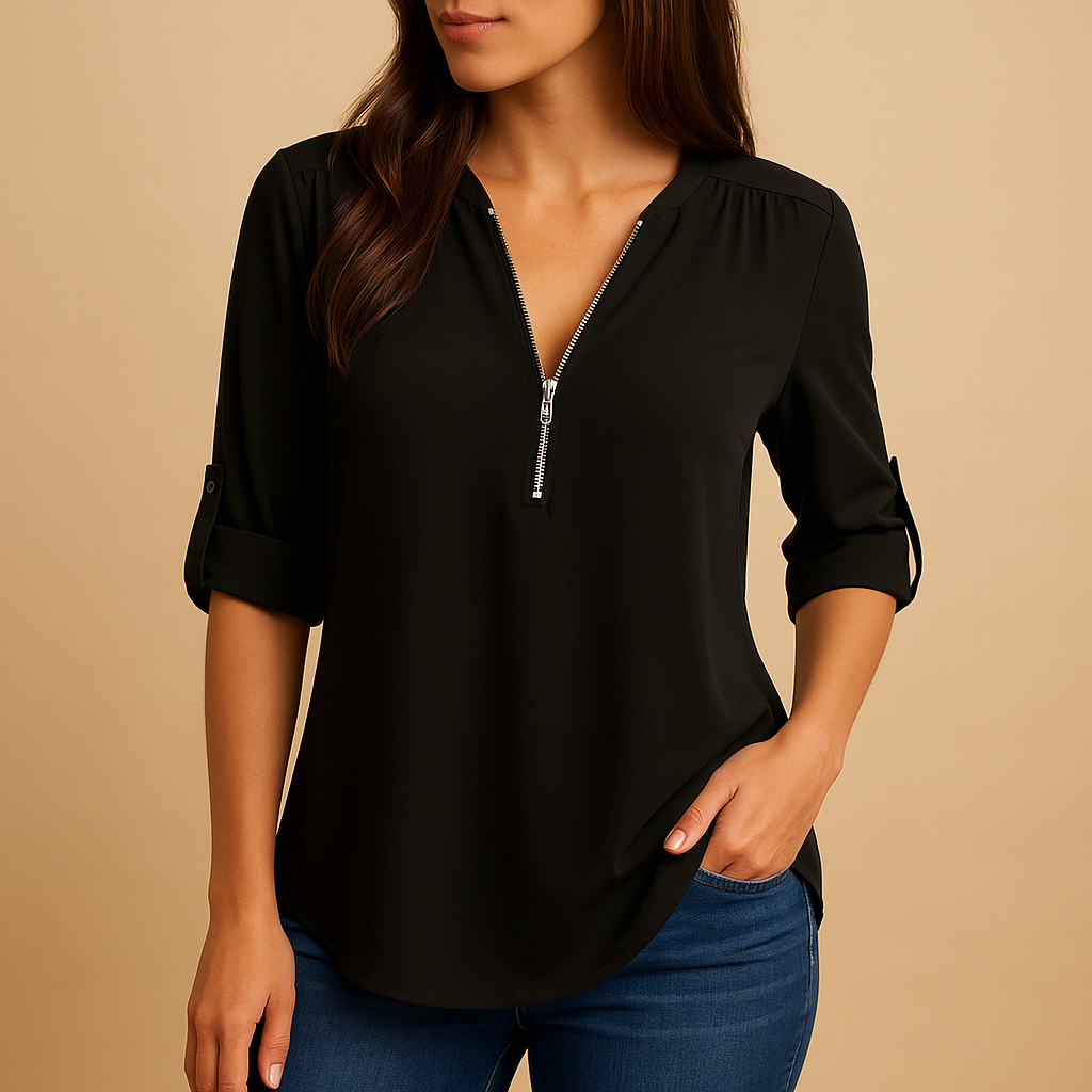 Elegant V-neck summer blouse for women with refined design, ideal for work, casual wear, and warm-weather elegance.