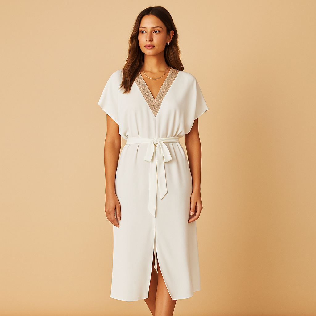 White midi dress for women with V-neck and minimalist design, perfect for formal dinners, casual events, or elegant everyday wear.
