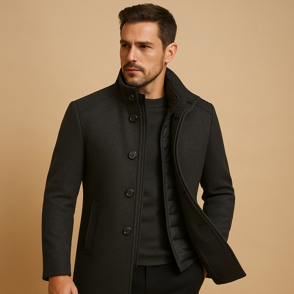 Men’s elegant wool coat with slim single-breasted fit, mandarin collar, and durable wool blend, perfect for formal occasions and winter wear.