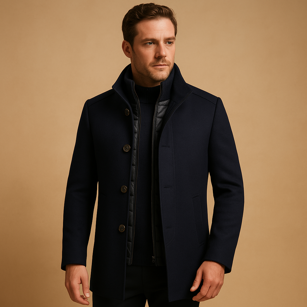 Men’s elegant wool coat with slim single-breasted fit, mandarin collar, and durable wool blend, perfect for formal occasions and winter wear.