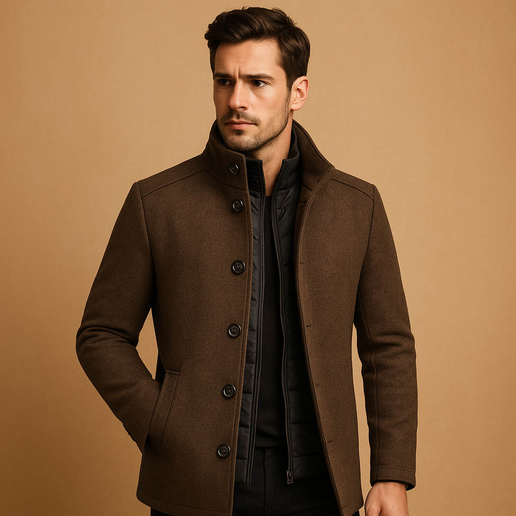 Men’s elegant wool coat with slim single-breasted fit, mandarin collar, and durable wool blend, perfect for formal occasions and winter wear.