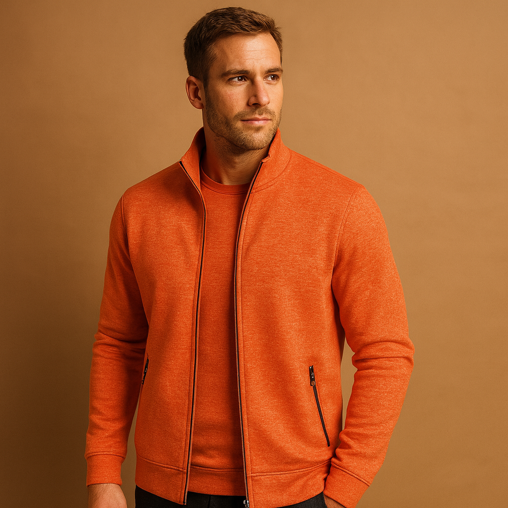 Men’s elegant zip cardigan with handmade finish, soft wrinkle-free fabric, and hidden zip pockets for timeless comfort and style.