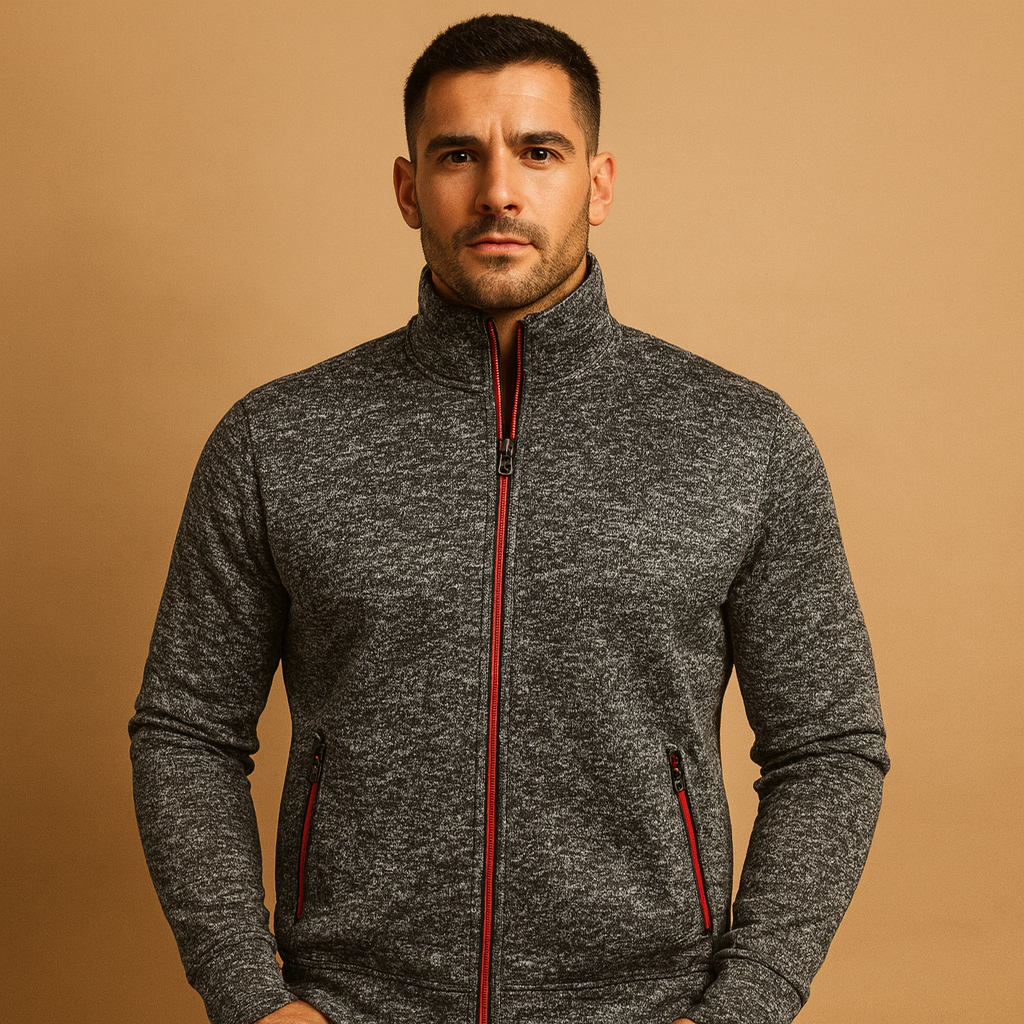 Men’s elegant zip cardigan with handmade finish, soft wrinkle-free fabric, and hidden zip pockets for timeless comfort and style.