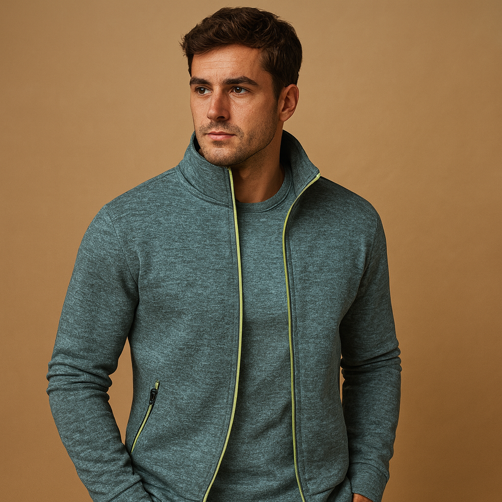 Men’s elegant zip cardigan with handmade finish, soft wrinkle-free fabric, and hidden zip pockets for timeless comfort and style.