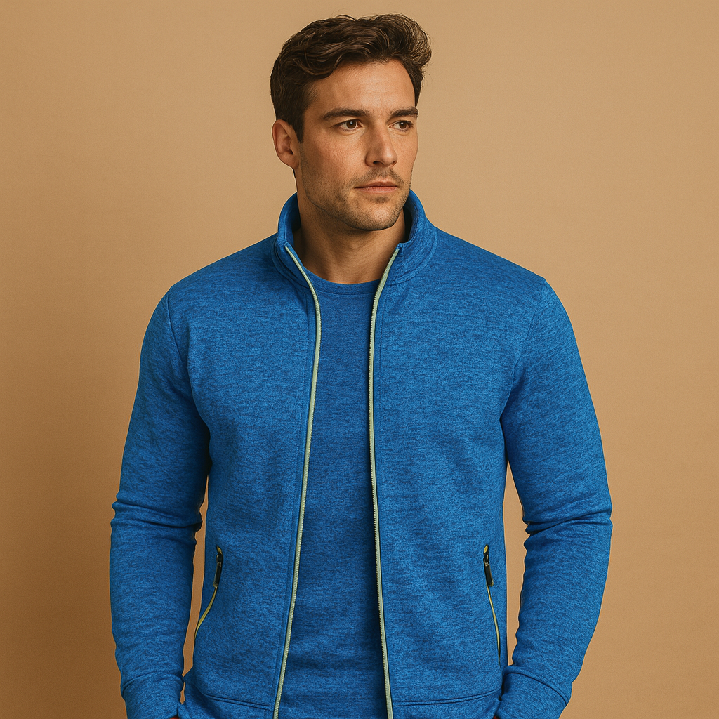 Men’s elegant zip cardigan with handmade finish, soft wrinkle-free fabric, and hidden zip pockets for timeless comfort and style.