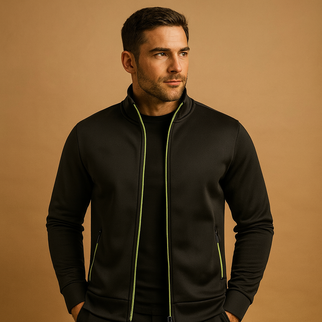 Men’s elegant zip cardigan with handmade finish, soft wrinkle-free fabric, and hidden zip pockets for timeless comfort and style.