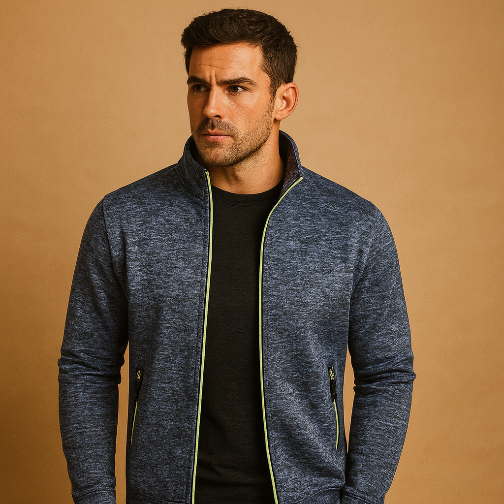 Men’s elegant zip cardigan with handmade finish, soft wrinkle-free fabric, and hidden zip pockets for timeless comfort and style.