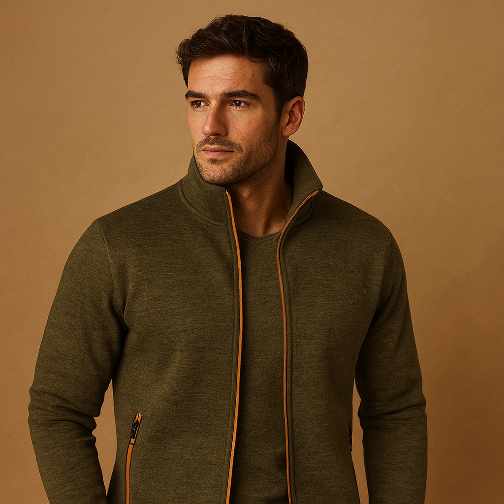 Men’s elegant zip cardigan with handmade finish, soft wrinkle-free fabric, and hidden zip pockets for timeless comfort and style.