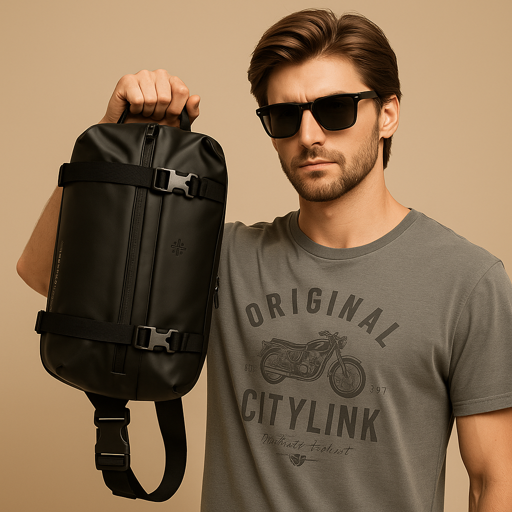 Expandable anti-theft chest bag for men with waterproof fabric, USB port, and padded device compartment—ideal for travel, commuting, and daily carry.