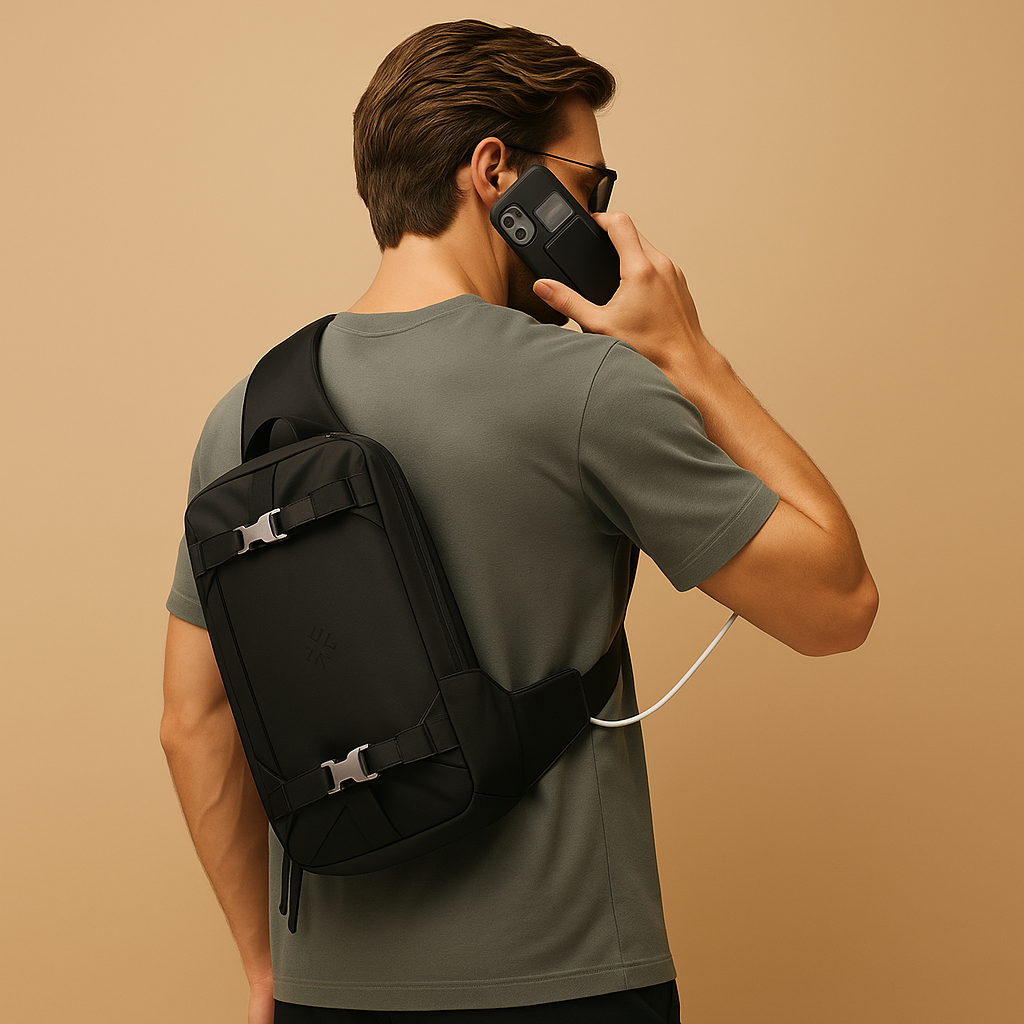 Expandable anti-theft chest bag for men with waterproof fabric, USB port, and padded device compartment—ideal for travel, commuting, and daily carry.