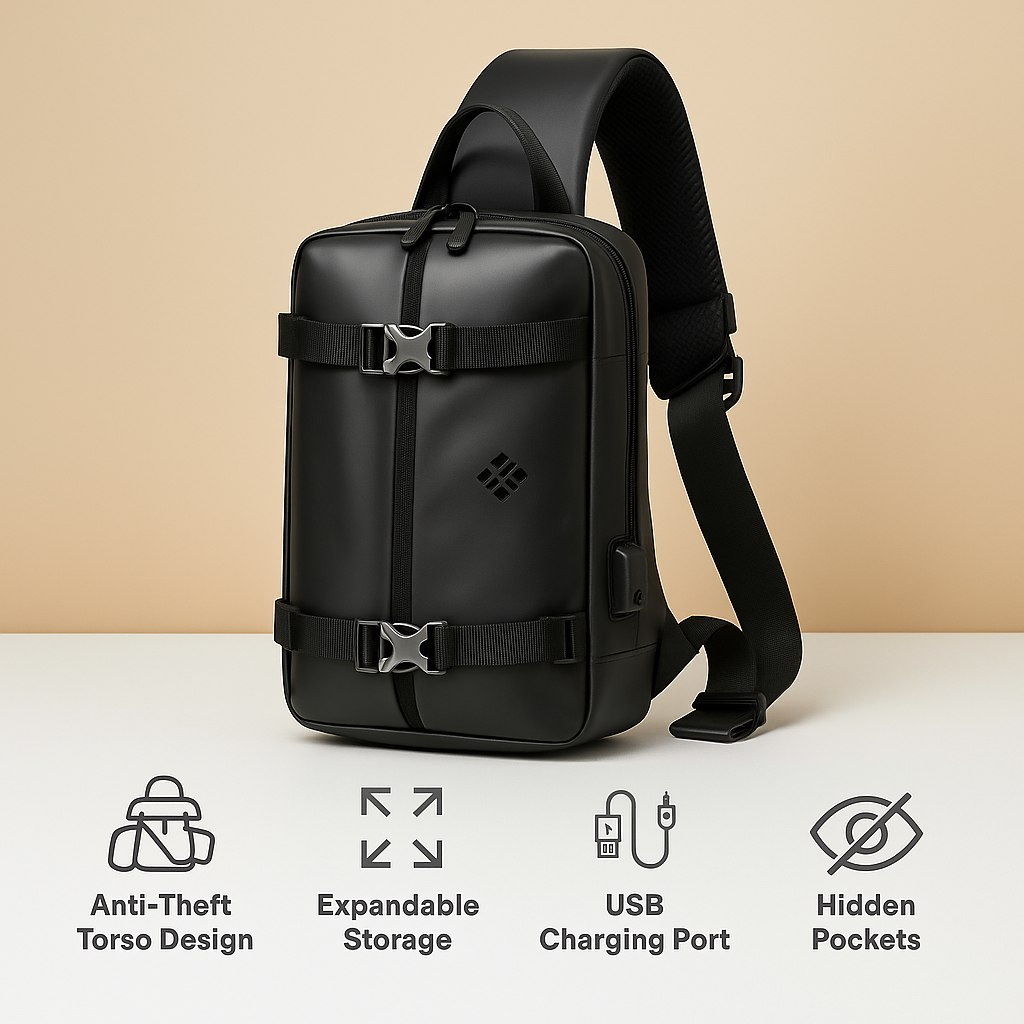 Expandable anti-theft chest bag for men with waterproof fabric, USB port, and padded device compartment—ideal for travel, commuting, and daily carry.