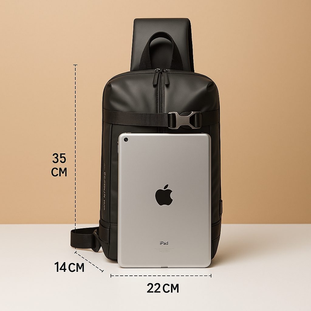 Expandable anti-theft chest bag for men with waterproof fabric, USB port, and padded device compartment—ideal for travel, commuting, and daily carry.