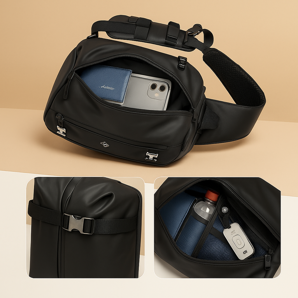 Expandable anti-theft chest bag for men with waterproof fabric, USB port, and padded device compartment—ideal for travel, commuting, and daily carry.