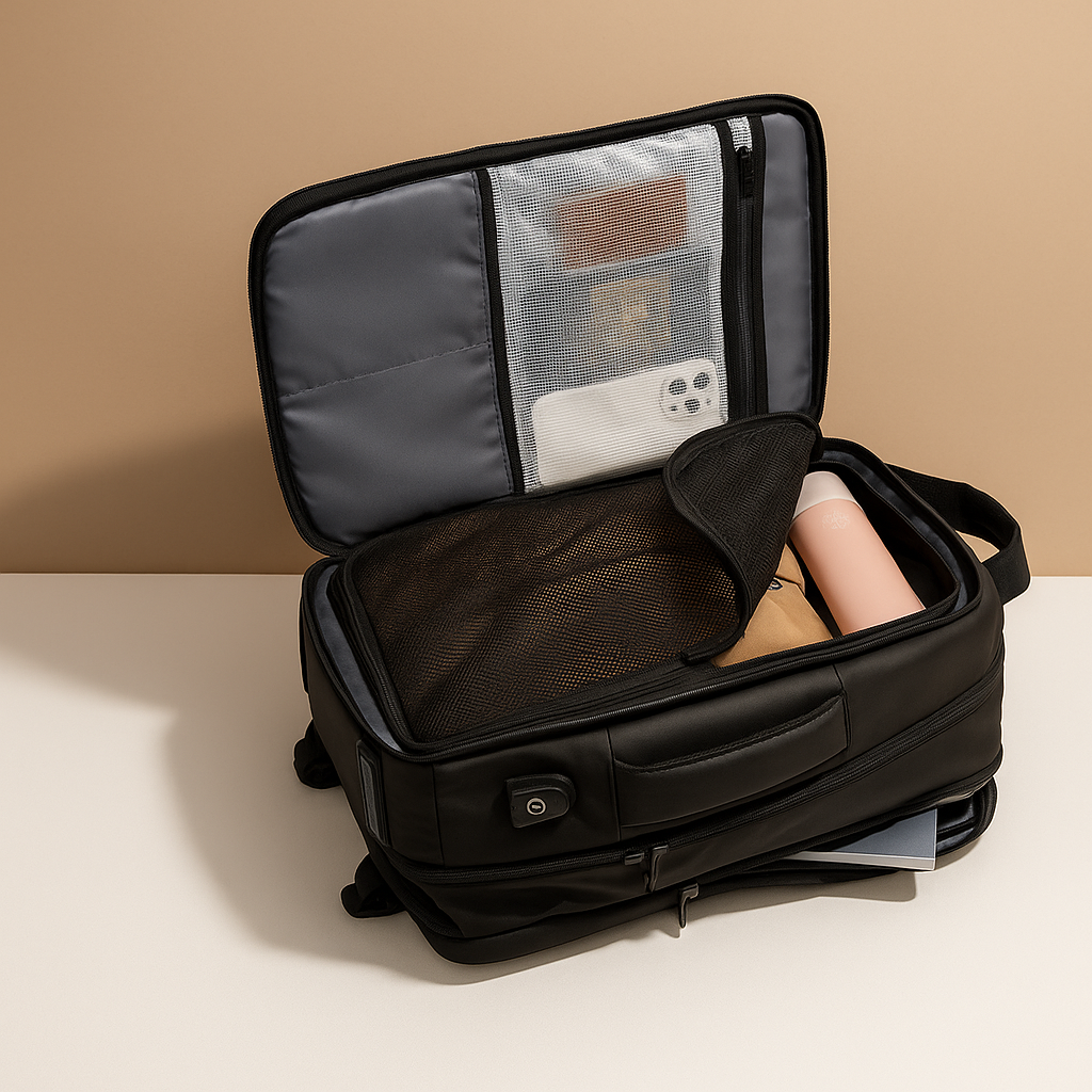 Expandable carry-on travel backpack for men with luggage-style opening, waterproof compartments, USB charging port, and cushioned ergonomic design.