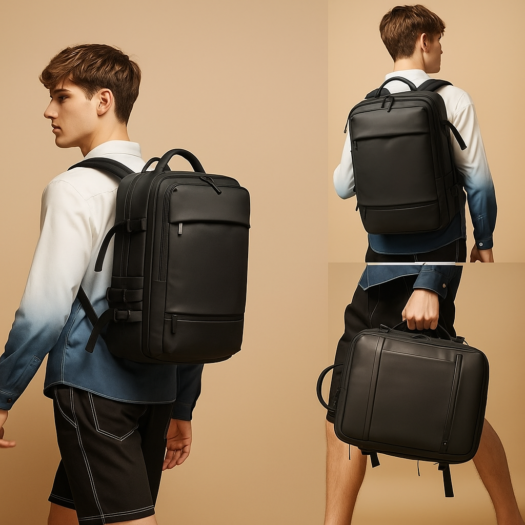 Expandable carry-on travel backpack for men with luggage-style opening, waterproof compartments, USB charging port, and cushioned ergonomic design.