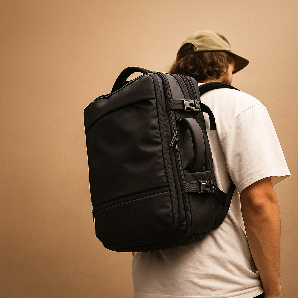 Expandable carry-on travel backpack for men with luggage-style opening, waterproof compartments, USB charging port, and cushioned ergonomic design.