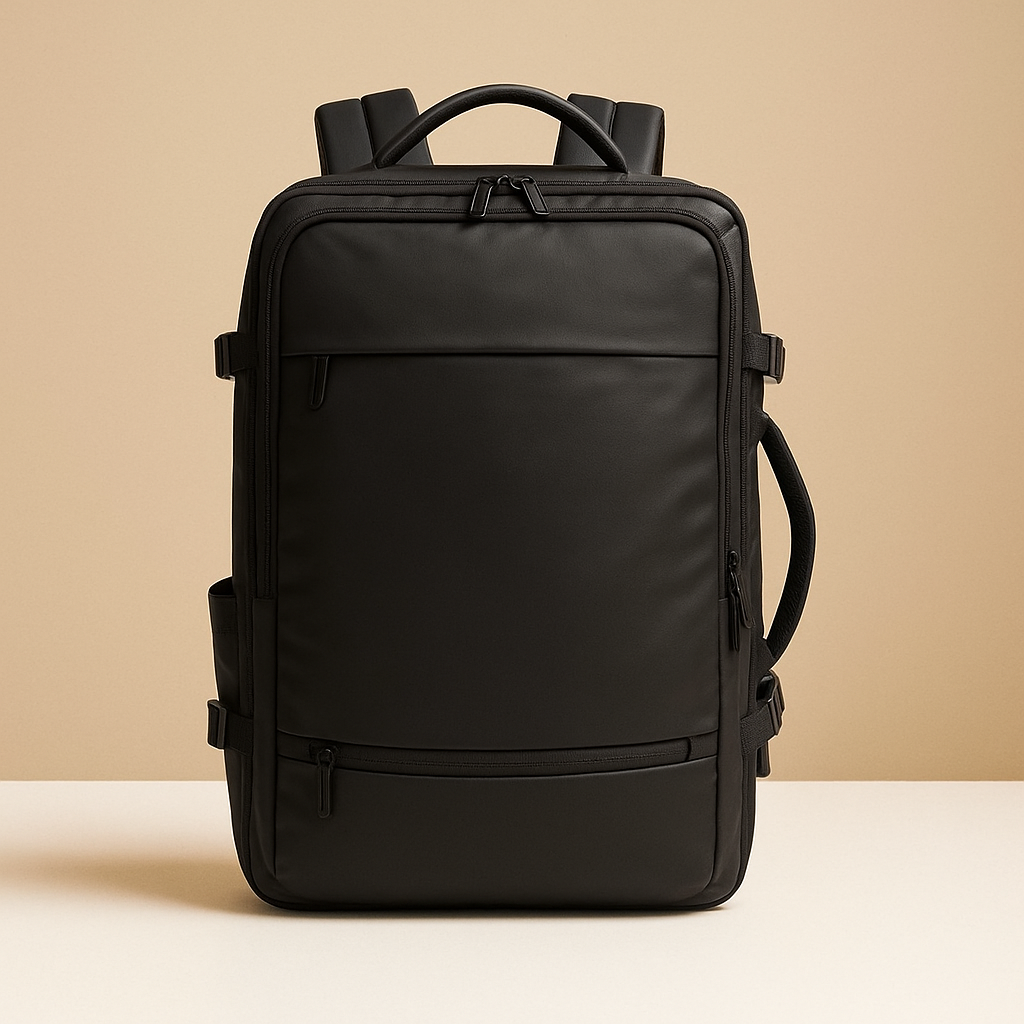 Expandable carry-on travel backpack for men with luggage-style opening, waterproof compartments, USB charging port, and cushioned ergonomic design.